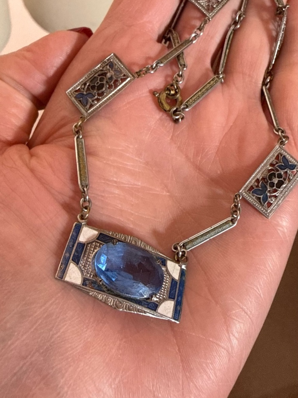 Antique Art Deco 1920 Blue Checho Glass Guilloche enamel choker Necklace - Picture 6 of 17
